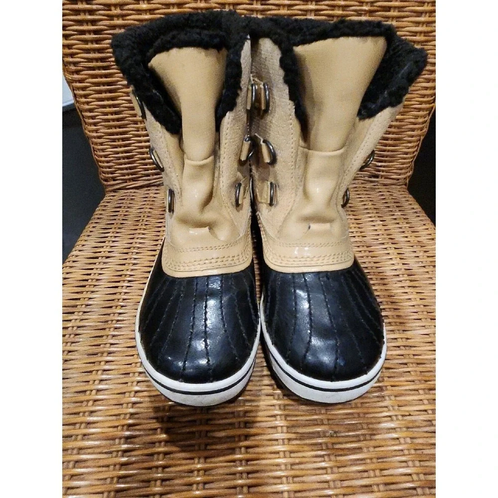 Kids Sorel Snow Boots Tan Black Waterproof‎ Winter Warm Lined Size 8